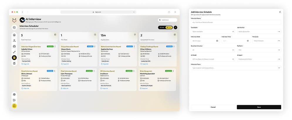 IntelliHire Schedule Interviews — interview scheduling interface with candidate calendar slots