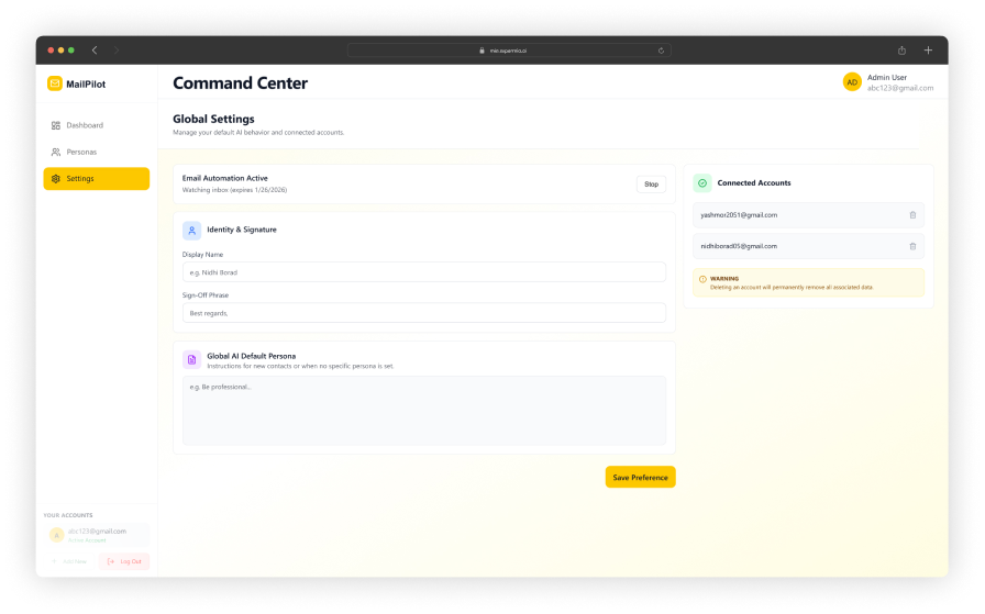 MailPilot AI Core Settings — persona configuration screen with tone, formality, and email style controls