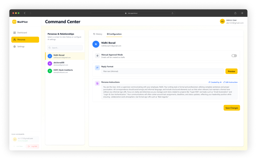 MailPilot AI Persona Control — email compose view with AI-drafted reply in user voice