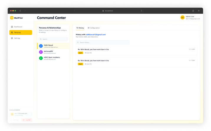 MailPilot AI Relationship Intelligence — contact list with relationship scores, last contact dates, and status indicators