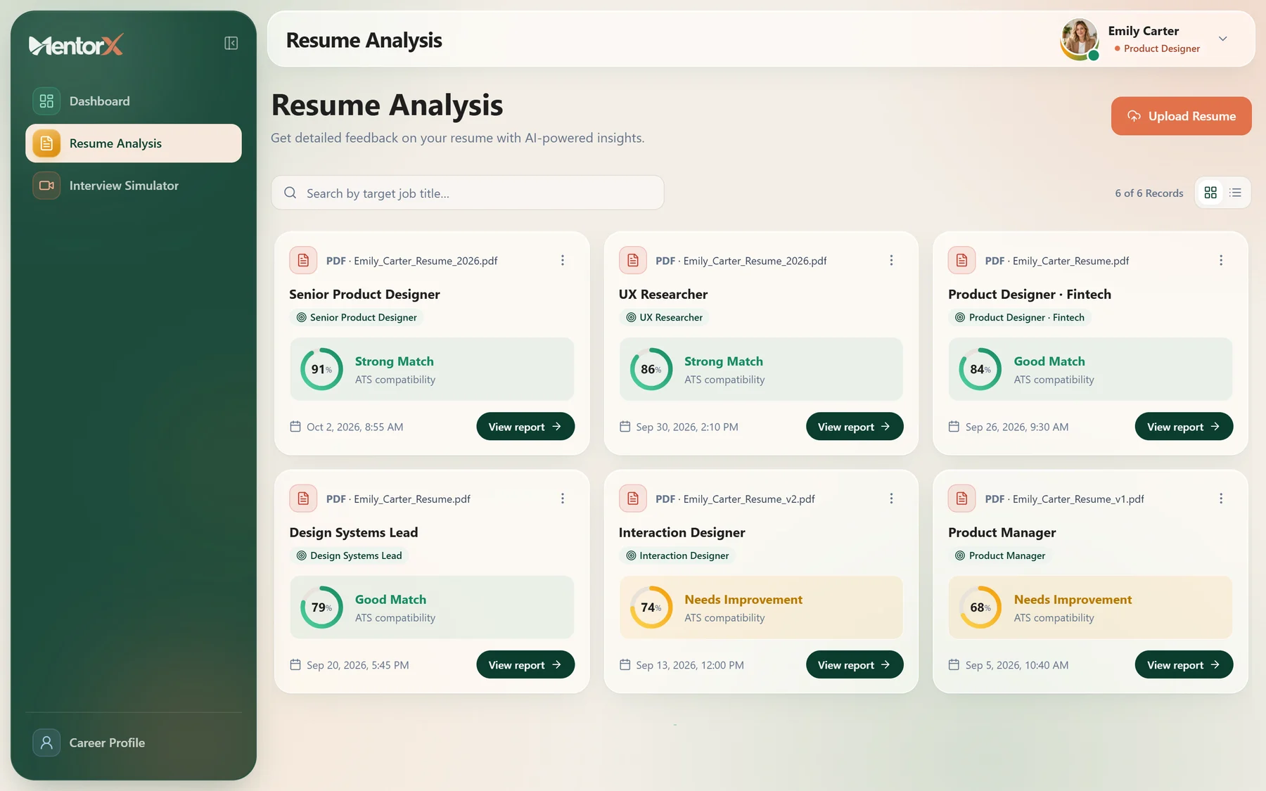 MentorX - Resume Analysis with ATS compatibility scores for each target role